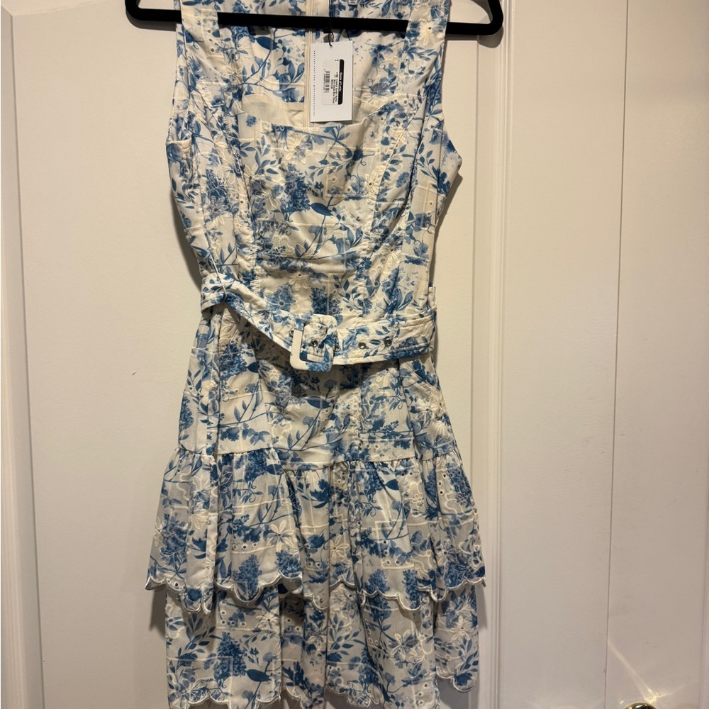 En Saison Blue and White Ruffled Tiered Midi Dress